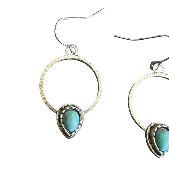 Boho Antique Silver and Turquoise Hollow Hoop Earrings - Picture 3 of 5